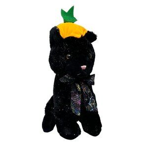 Tony Toy Halloween Black Cat Plush With Pumpkin Hat Spider Web Bow Tie